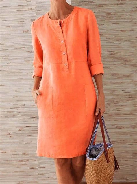 Solid Color Buttons Mid Length Sleeve Round Neck Dress Long Sleeve