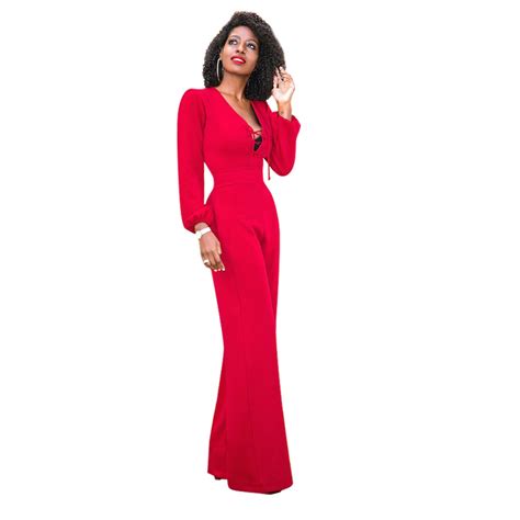 Lace Up Wide Leg Jumpsuit Women Long Sleeve Loose Red One Piece Overalls Elegant Formal
