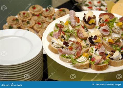 Catering Food Service Plates Full Of Fresh Tasty Food And Appetizers