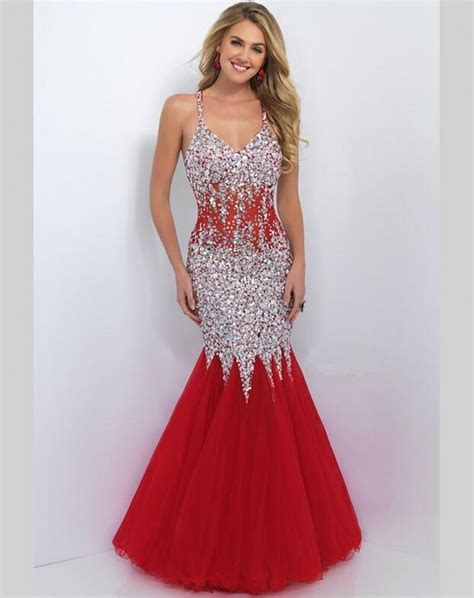 Red Sparkly Long Mermaid Prom Dresses Kleider Sexy Tulle Bling Women