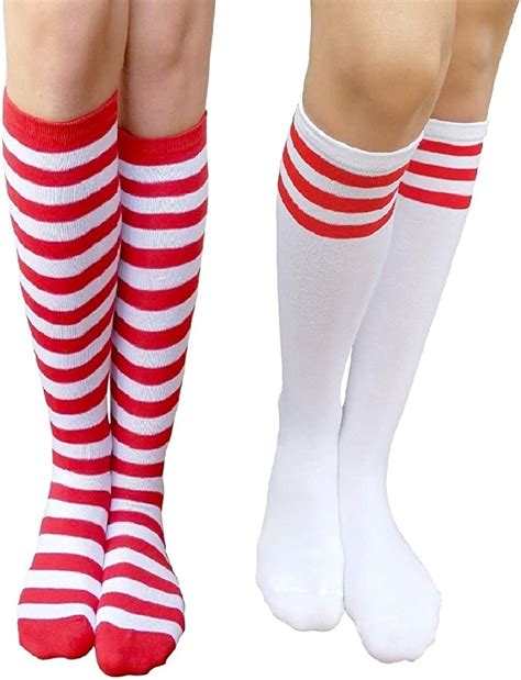Am Landen Two Pairs White With Red Striped Casual Knee High Tube Socks Striped Costume Cosplay