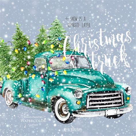 Watercolor Christmas Truck Vintage Turquoise Pickup Pine Etsy