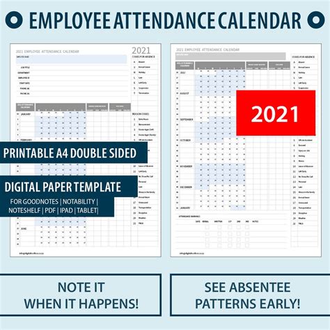 2021 Employee Attendance Calendar Pdf Calendar Template Printable