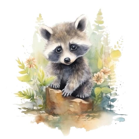 Premium Ai Image Cute Watercolor Raccoon Illustration Woodland