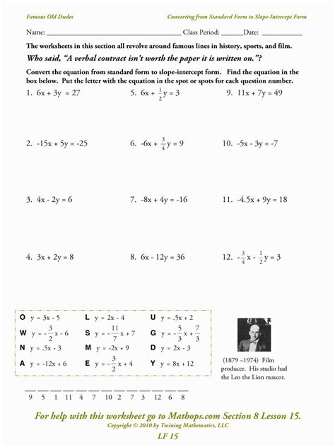Linear Equations Standard Form Worksheets