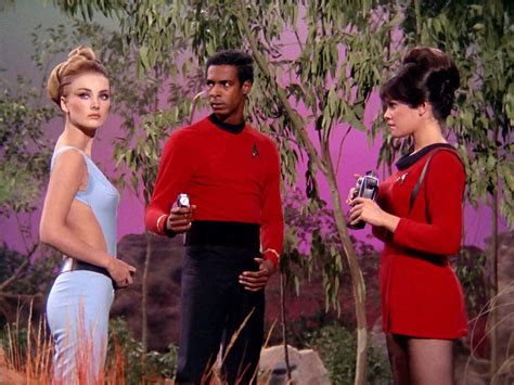Barbara Bouchet With A Couple Of Redshirts On The Set Of Star Trek
