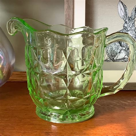 vintage green uranium glass pitcher jug etsy uk