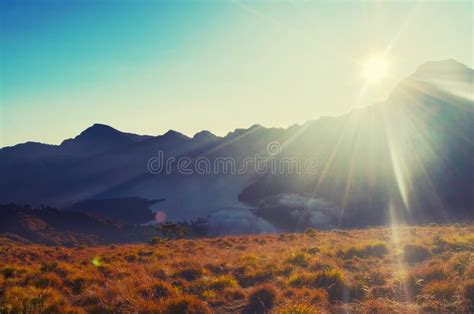 Beautiful Landscape With Grassland At The Top Of The Mountain Stock
