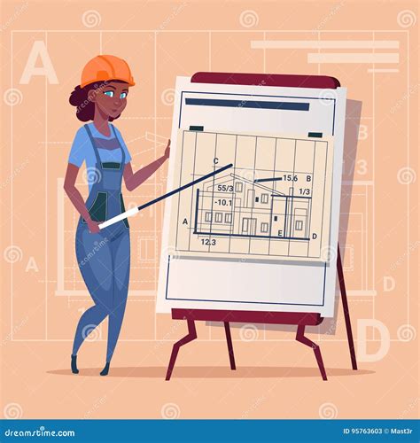 Cartoon Woman Builder Explain Plan Of Building Blueprint Wearing