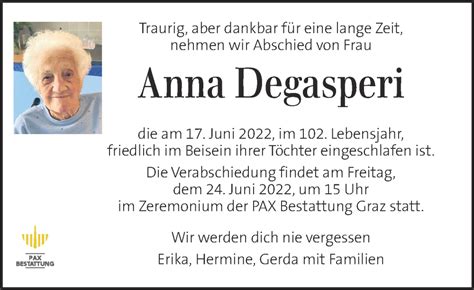 Traueranzeigen Von Anna Degasperi Trauerkleinezeitungat