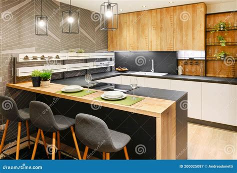 Modern Fitted Kitchen Interior With Bar Counter Stock Image Image Of