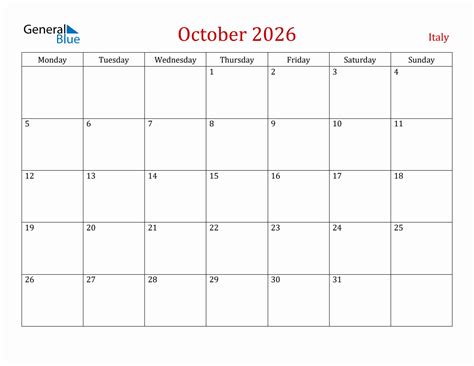 October 2026 Italy Monthly Calendar With Holidays