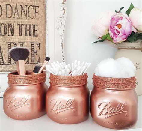 Painted Rose Gold Mason Jars With Rose Gold Glitter Rim Top Set Of 3