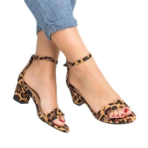 Women Sandals Summer Sexy Women Leopard Print Ladies Ankle One Word Buckle Thick Heel Sandals