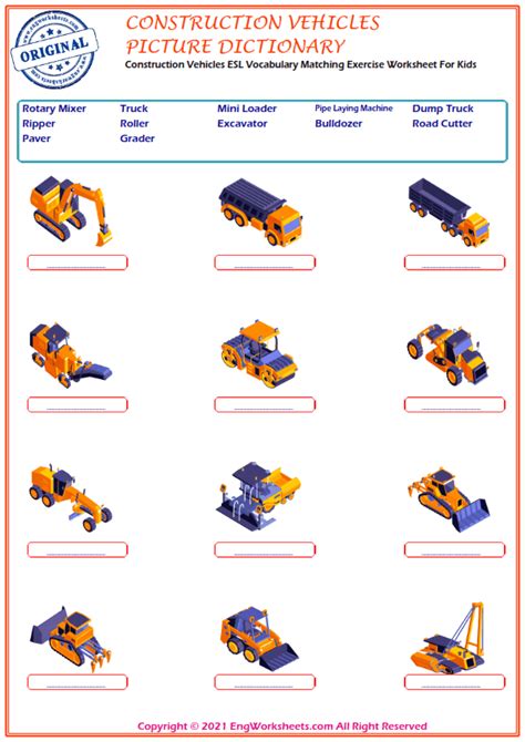 Construction Vehicles Printable English Esl Vocabulary Worksheets