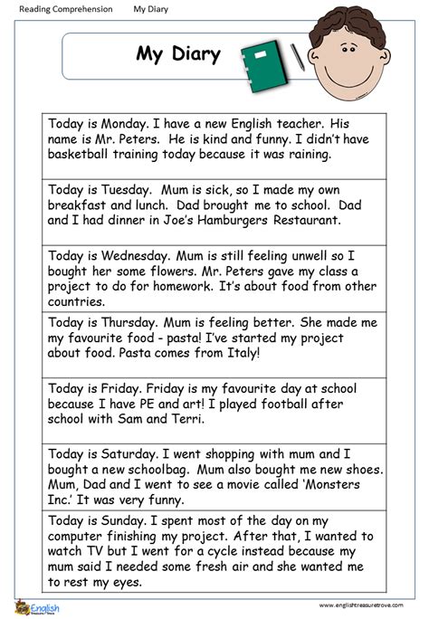 My Diary English Comprehension Worksheet English Treasure Trove