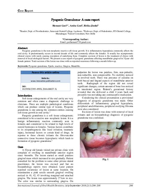 Pdf Pyogenic Granuloma A Case Report Ip Innovative Publication Pvt