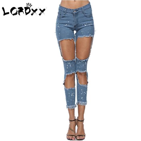 lordxx ripped jeans women hole pencil pants high waist tassels bodycon females blue denim 2018
