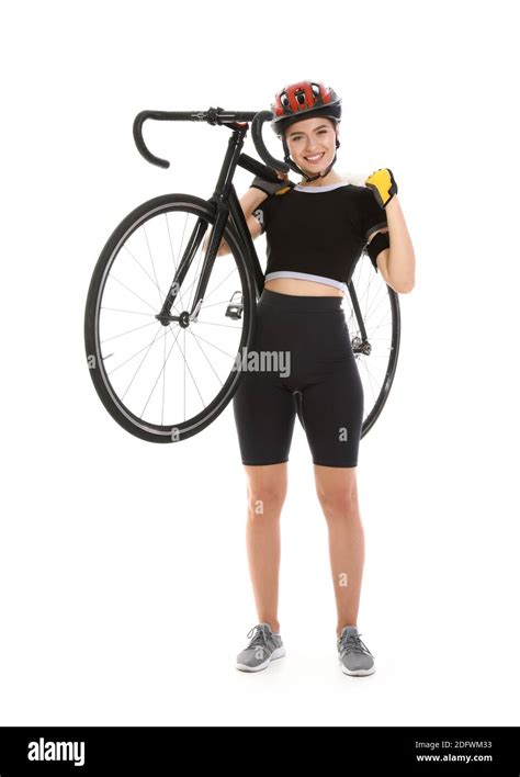 Female Cyclist With Bicycle On White Background Stock Photo Alamy