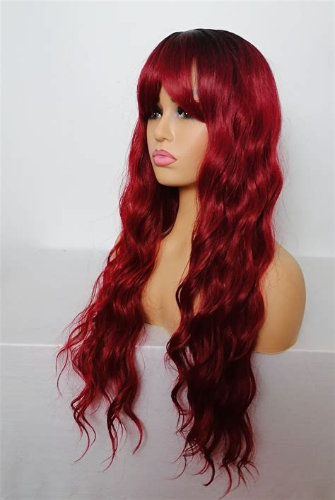 Long Red Wavy Wig Bangs Fringe 27 Wine Curly Hair For Etsy