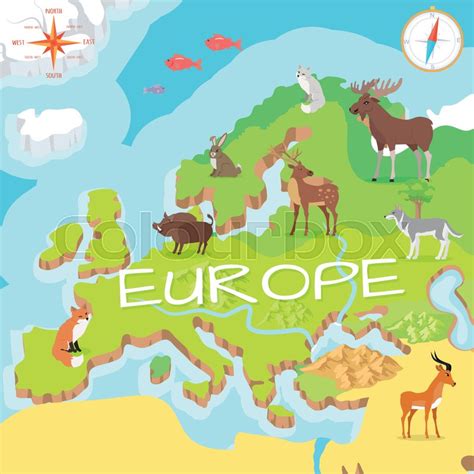 Europe Isometric Map With Flora And Fauna Cartography Concept With