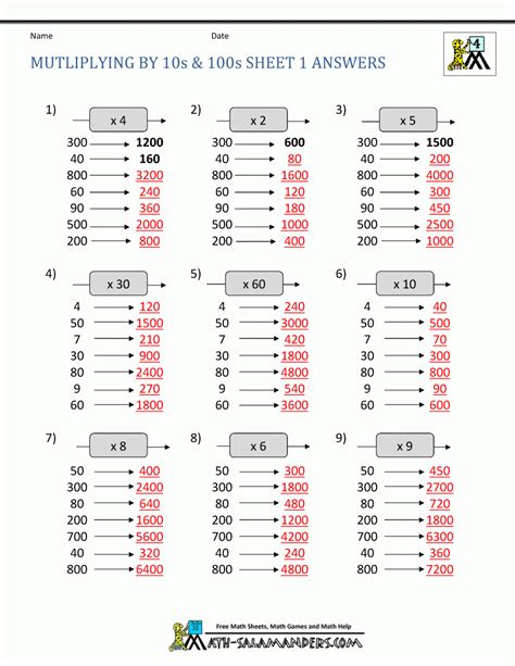 Multiplication Facts 4th Grade Worksheet