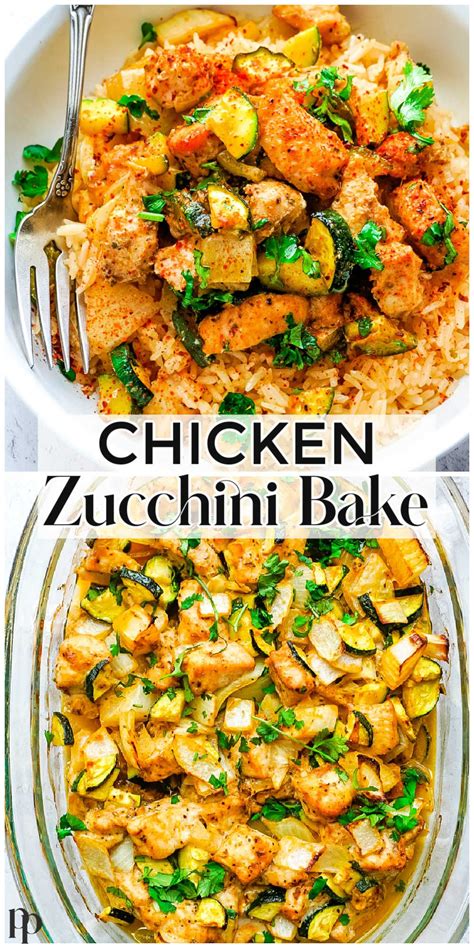 Chicken Zucchini Bake In A Glass Dish With A Fork And Another Side Dish