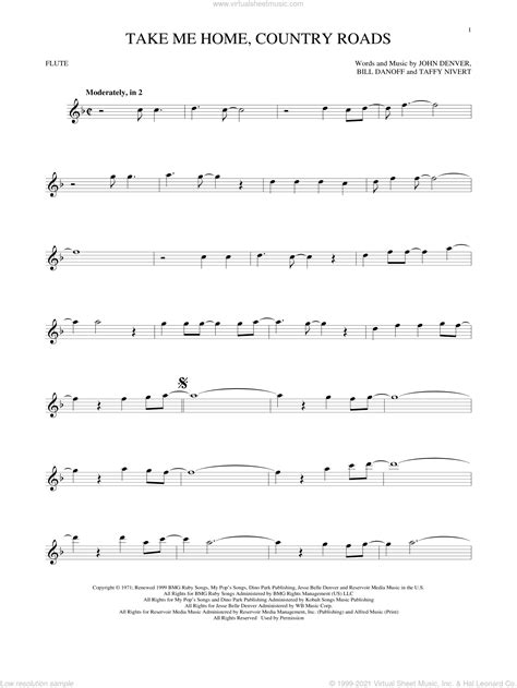 Denver Take Me Home Country Roads Sheet Music For Flute Solo