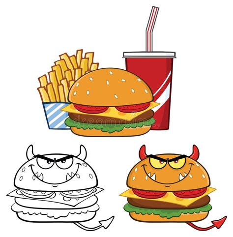 Devil Burger Cartoon Character Design Collection Set Stock