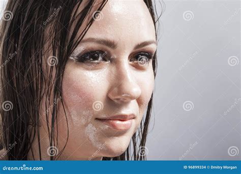 Portrait Of Caucasian Sensual Brunette Girl Showing Wet And Shining