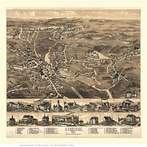 Uxbridge Massachusetts 1880 Birds Eye View Old Map Reprint Old Maps