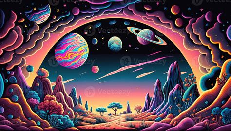 Psychedelic Space Banner Template Nostalgic 80s 90s Background