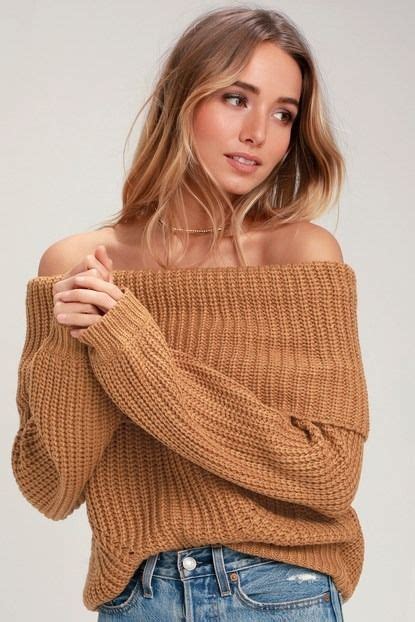 Light Brown Off The Shoulder Knit Sweater