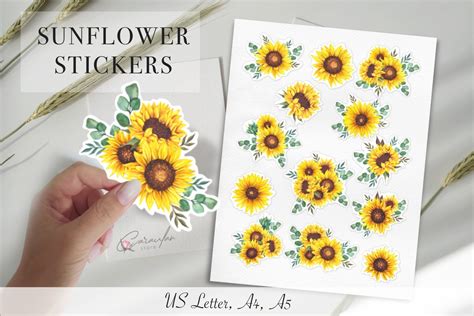Sunflower Printable Stickers Watercolor Illustration Par Caraulanstore