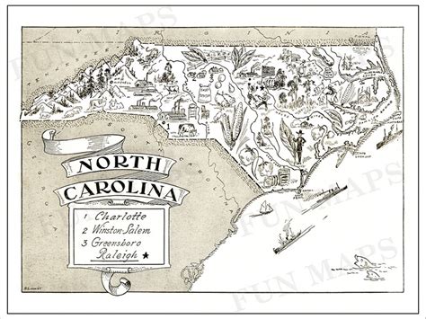 Vintage Pictorial State Map Of North Carolina Fun Animated Etsy