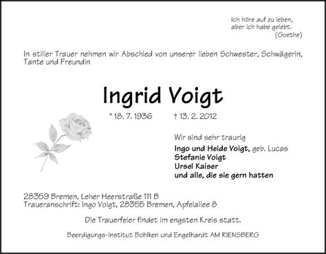 Traueranzeigen Von Ingrid Voigt Trauer And Gedenken
