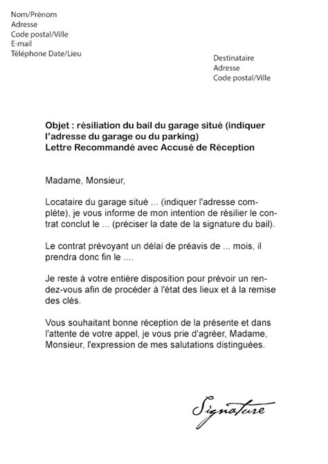 Lettre De Résiliation Dun Bail Pour Un Garage Ou Un Parking