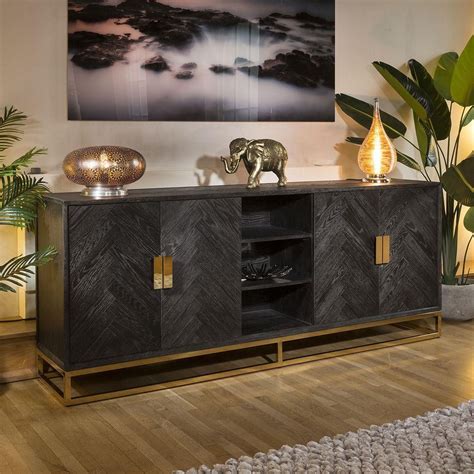 Luxury Large Black Oak And Gold Sideboard Cabinet 225cm Dining Room
