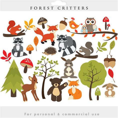 Flat cute whimsical animal drawing. Woodland clipart forest clip art cute whimsical critters ...