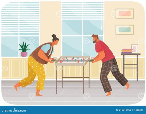 Cheerful Couple With Board Game Man And Woman Play Table Football