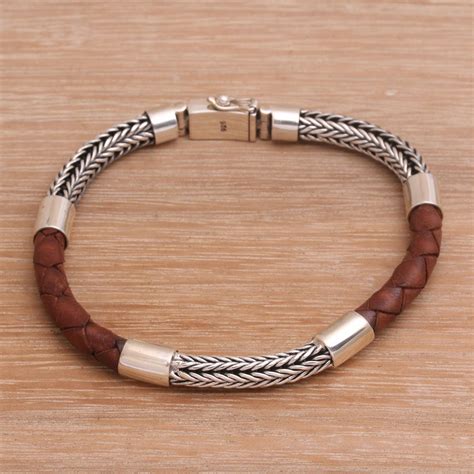 Unicef Market Men S Sterling Silver And Leather Wristband Bracelet