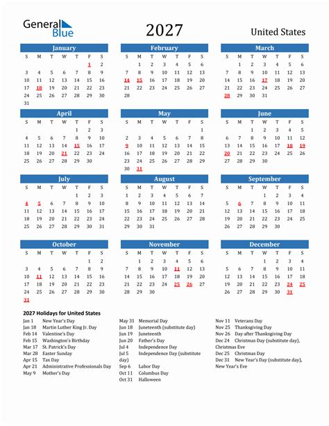 2027 United States Calendar With Holidays