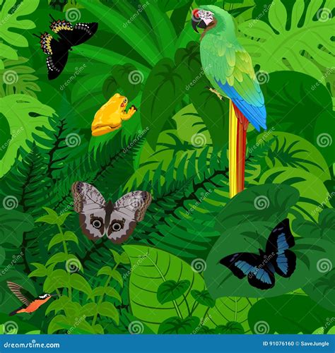 Seamless Vector Tropical Rainforest Jungle Background With Parrot And