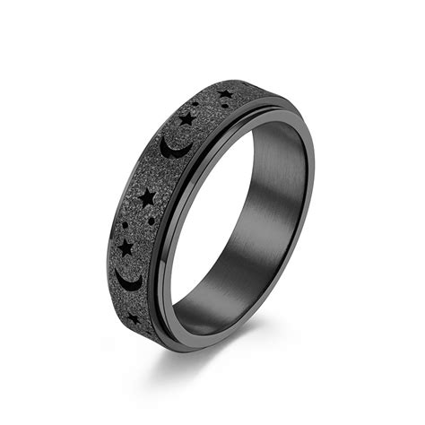 Calming Ring Black Sandblasted Stainless Steel Moon And Stars Anti