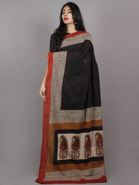 Black Maroon Beige Hand Block Painted And Printed Cotton Mul Saree S03