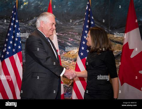 Us Secretary Of State Rex Tillerson Is Greeted By Canadian Foreign Minister Chrystia Freeland