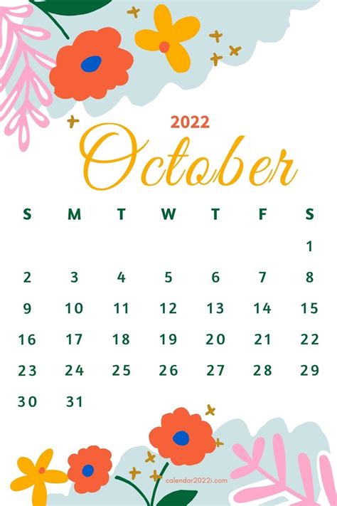 Floral October 2022 Calendar With Beautiful Flowers Printable
