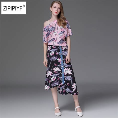 2018 Loose Casual Skirt Sets Ol Sexy 2 Piece Set Fashion Print Slash