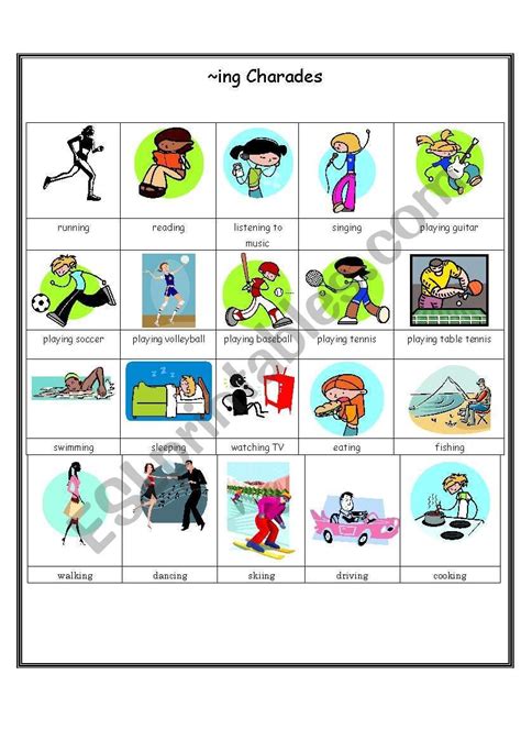 Present Continuous ~ing Verb Cards Charades Esl Worksheet