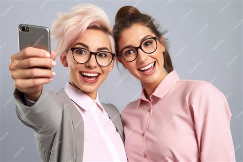 Premium Ai Image Two Women Wearing Glasses Are Taking A Self Portrait With A Phone